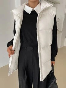 DAZY 斜插口袋背心加厚口袋外套（不含卫衣），女士深秋休闲口袋，拉链领超大白色纯色女士冬季外套，冬季保暖/冬季时尚，女士冬季外套夹克 - 白色 - 查看 8
