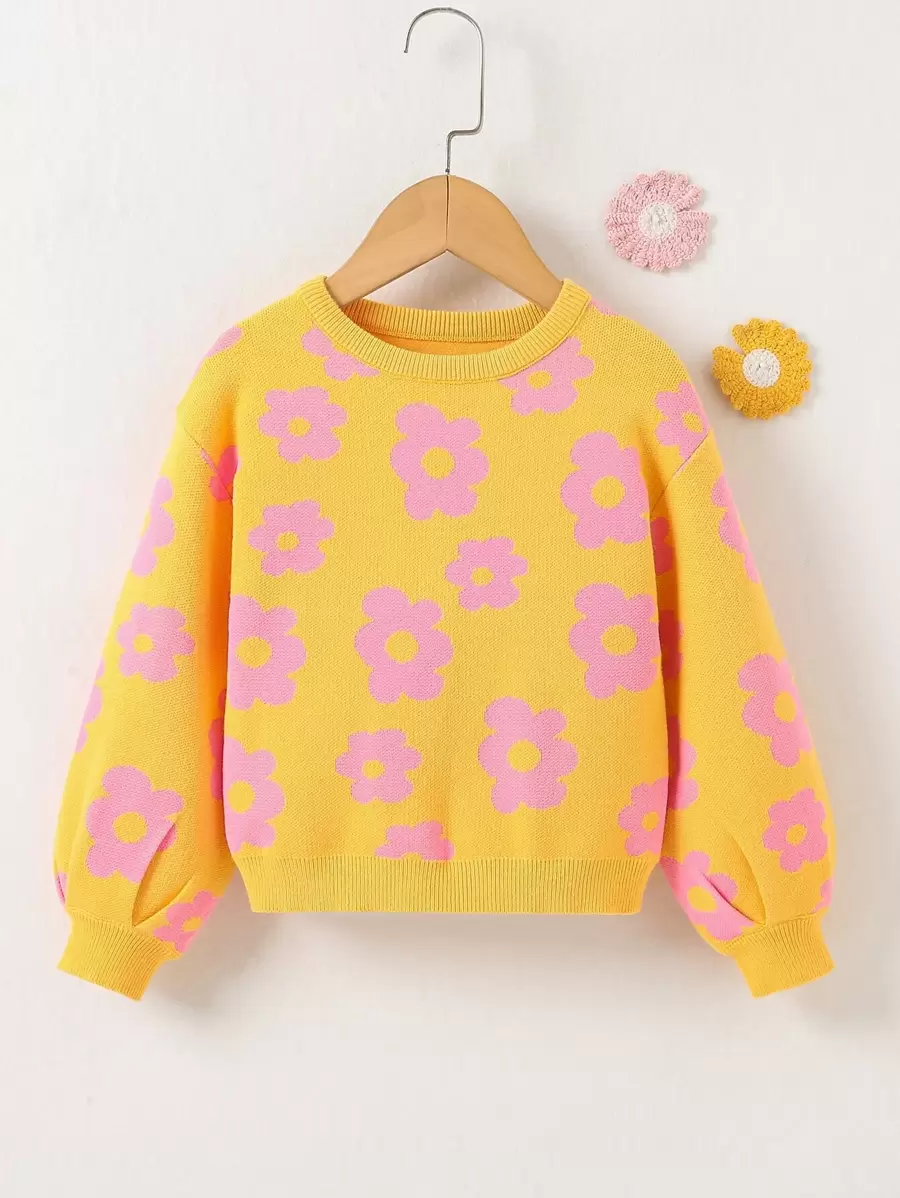 Toddler Girls Floral Pattern Plicated Detail Drop Shoulder Jumper - Mustard Yellow - View 1