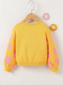 Toddler Girls Floral Pattern Plicated Detail Drop Shoulder Jumper - Mustard Yellow - View 2