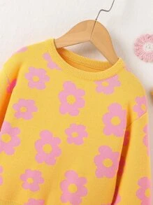 Toddler Girls Floral Pattern Plicated Detail Drop Shoulder Jumper - Mustard Yellow - View 3