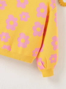 Toddler Girls Floral Pattern Plicated Detail Drop Shoulder Jumper - Mustard Yellow - View 4