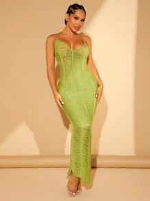 SHEIN SXY Solid Ripped Cami Jumper Dress Without Lingerie - Lime Green - View 1