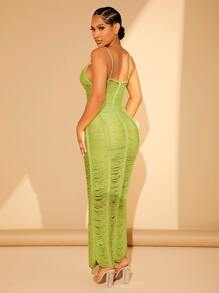 SHEIN SXY Solid Ripped Cami Jumper Dress Without Lingerie - Lime Green - View 2