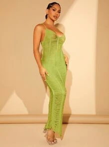 SHEIN SXY Solid Ripped Cami Jumper Dress Without Lingerie - Lime Green - View 4