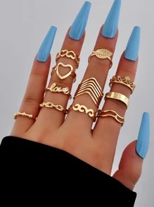 11 piezas Anillo con adorno de hoja & corazón - Amarillo Oro - Ver 1