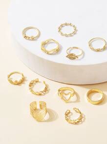 11 piezas Anillo con adorno de hoja & corazón - Amarillo Oro - Ver 2