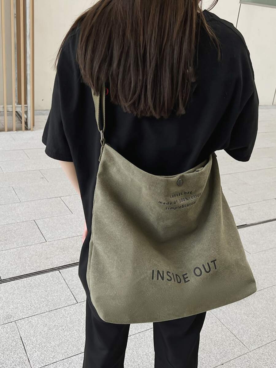 標語圖案帆布購物袋 - 軍綠色 - 查看 1