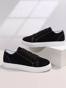Faux Suede Lace-up Front Skate Shoes - Black - View 1