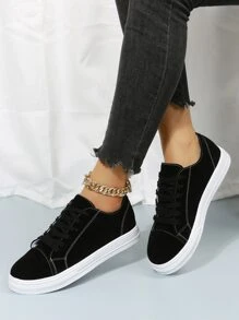 Faux Suede Lace-up Front Skate Shoes - Black - View 6