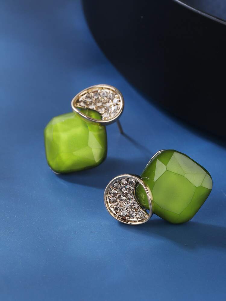 Rhinestone & Square Decor Stud Earrings