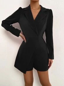 Chiquease Puff Sleeve Lapel Neck Asymmetrical Hem Romper - Black - View 5