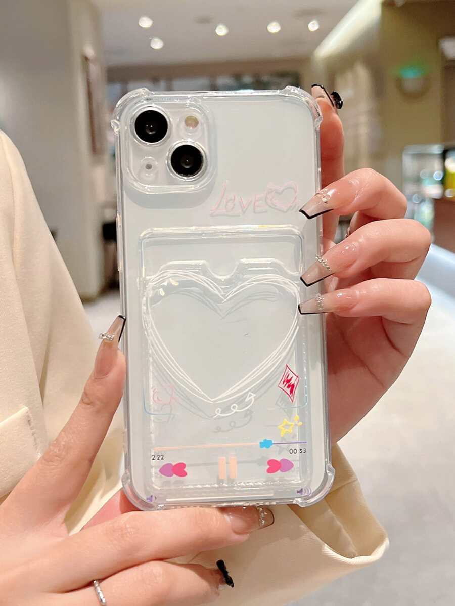 Heart Print Clear Phone Case With Card Slot - Clear - View 1
