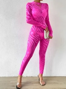 SHEIN Unity Zebra Striped Unitard Jumpsuit Without Lingerie - Hot Pink - View 4