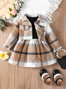 SHEIN Đứa bé gái Kẻ sọc tay áo lá sen Áo khoác & Cổ giả Đầm - Nhiều màu - Xem 4