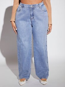 SHEIN SXY 大碼高腰直筒牛仔褲 - 淺色水洗藍 - 查看 4