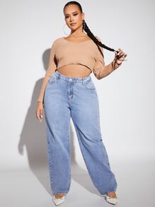 SHEIN SXY 大碼高腰直筒牛仔褲 - 淺色水洗藍 - 查看 3