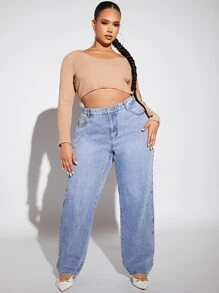 SHEIN SXY 大碼高腰直筒牛仔褲 - 淺色水洗藍 - 查看 1