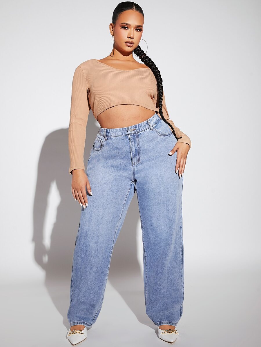 SHEIN SXY 大碼高腰直筒牛仔褲 - 淺色水洗藍 - 查看 1