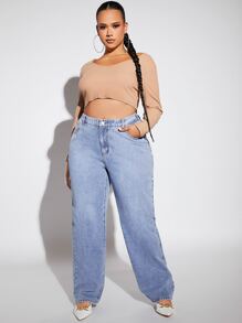 SHEIN SXY 大碼高腰直筒牛仔褲 - 淺色水洗藍 - 查看 5