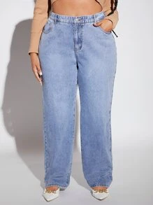 SHEIN SXY 大碼高腰直筒牛仔褲 - 淺色水洗藍 - 查看 6