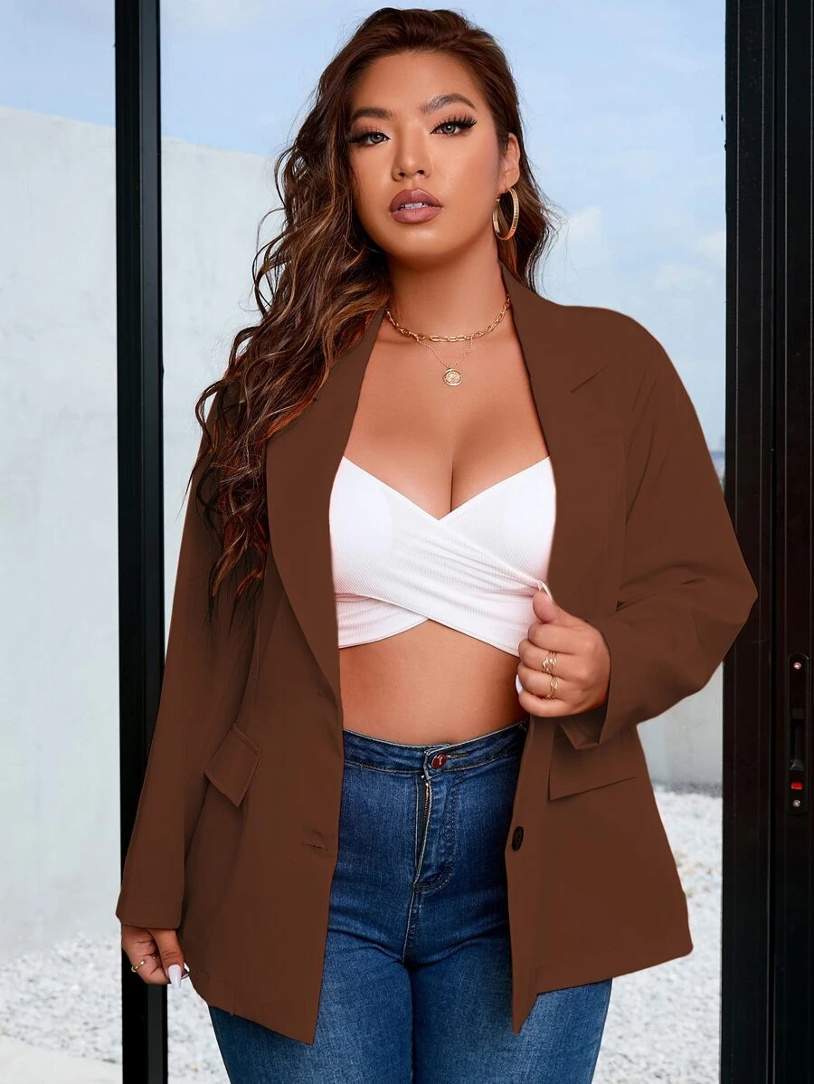 Calvaya 大碼西裝領翻蓋口袋西裝外套 - 咖啡棕 - 查看 1