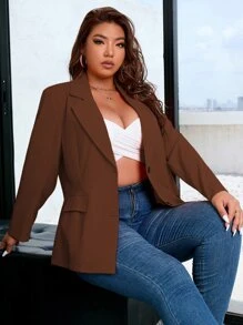 Calvaya 大碼西裝領翻蓋口袋西裝外套 - 咖啡棕 - 查看 6