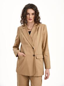 LYCHEE Business Casual Slogan Embroidery Lapel Neck Flap Pocket Blazer, Office - Khaki - View 1