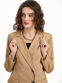 LYCHEE Business Casual Slogan Embroidery Lapel Neck Flap Pocket Blazer, Office - Khaki - View 4