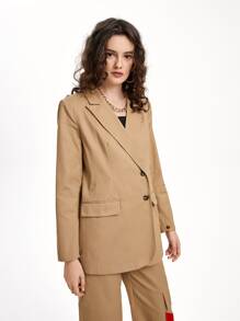 LYCHEE Business Casual Slogan Embroidery Lapel Neck Flap Pocket Blazer, Office - Khaki - View 6