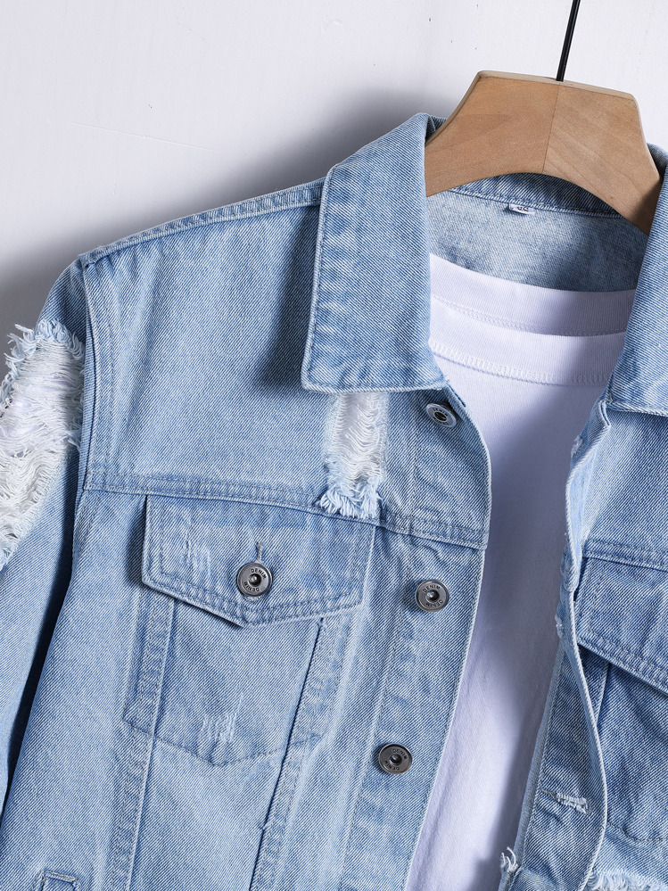 Manfinity Homme Men Long Sleeve Cotton Ripped Flap Pocket Plain Light Blue Denim Jacket Without Tee, Party Punk Rock Style Boyfriend Gift Going Out Urban Street Urban , Fall - Light Wash - View 4