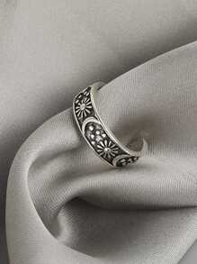 17KM 月亮和花朵细节袖口戒指 情人节、妈妈、母亲、母亲节、礼物 - 復古銀色 - 查看 1