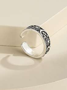 17KM 月亮和花朵细节袖口戒指 情人节、妈妈、母亲、母亲节、礼物 - 復古銀色 - 查看 2