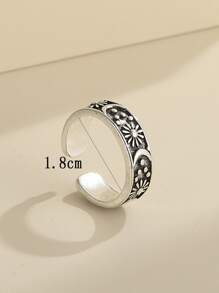 17KM 月亮和花朵细节袖口戒指 情人节、妈妈、母亲、母亲节、礼物 - 復古銀色 - 查看 3