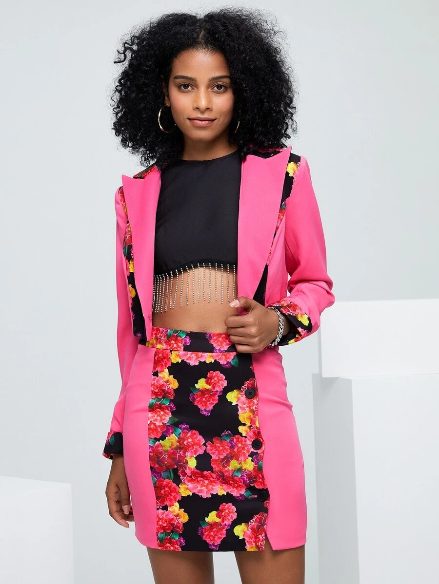 RAGLESS Notched Collar Floral Print Crop Blazer & Split Hem Skirt - Multicolor - View 1