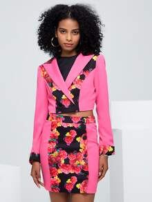 RAGLESS Notched Collar Floral Print Crop Blazer & Split Hem Skirt - Multicolor - View 5