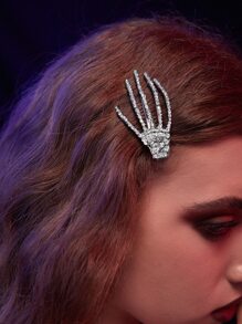 ROMWE Goth Rhinestone Skeleton Hand Decor Hair Clip - Silver - View 2