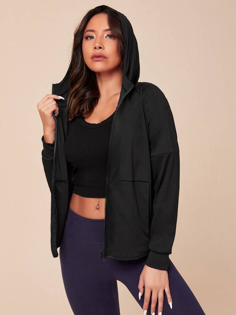 Slant Pockets Raglan Sleeve Hooded Sports Jacket