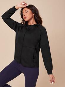 Slant Pockets Raglan Sleeve Hooded Sports Jacket