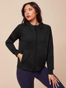 Slant Pockets Raglan Sleeve Hooded Sports Jacket