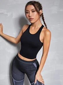 Easithlete Camiseta deportiva ajustada de espalda de nadadora con parte superior recortada sólida - Negro - Ver 3