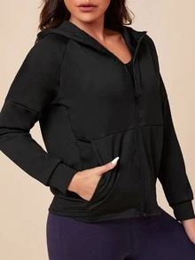 Slant Pockets Raglan Sleeve Hooded Sports Jacket