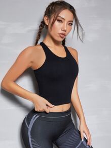 Easithlete Camiseta deportiva ajustada de espalda de nadadora con parte superior recortada sólida - Negro - Ver 4