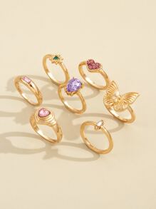 7pcs Rhinestone Heart & Butterfly Decor Ring - Multicolor - View 2