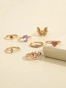 7pcs Rhinestone Heart & Butterfly Decor Ring - Multicolor - View 3