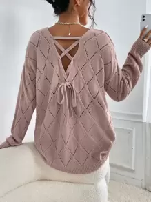 SHEIN Essnce Pearls Beaded Pointelle Knit Drop Shoulder Jumper - Dusty Pink - View 2