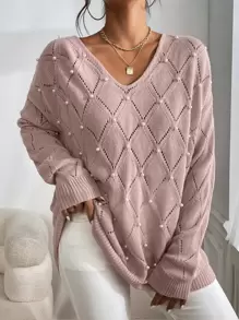 SHEIN Essnce Pearls Beaded Pointelle Knit Drop Shoulder Jumper - Dusty Pink - View 5