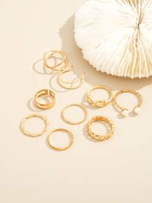 9入組無限符號和人造珍珠裝飾戒指 - 金黃色 - 查看 2