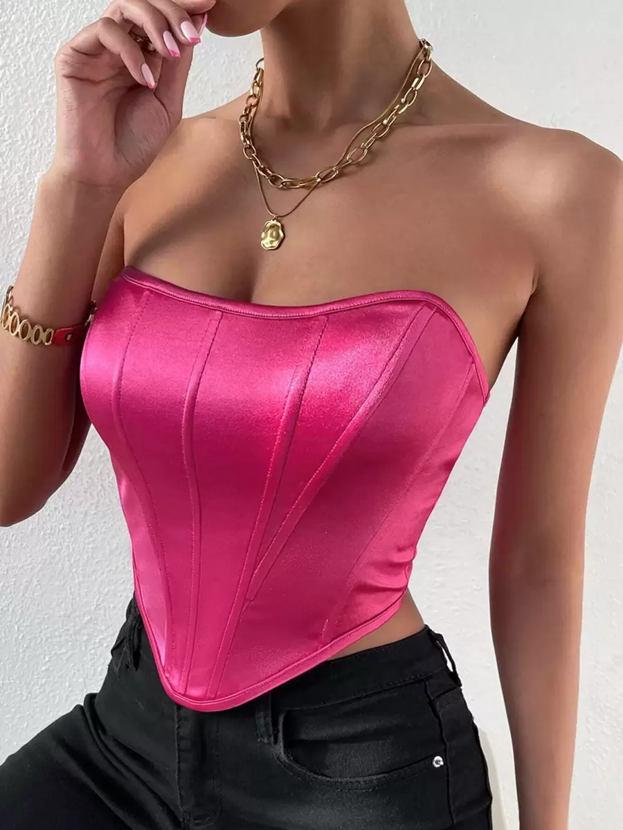 Allurite Solid Hanky Hem Tube Top - Hot Pink - View 1