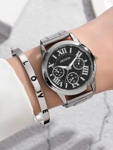 1pc Round Pointer Quartz Watch & 1pc Bracelet - Silver - View 2