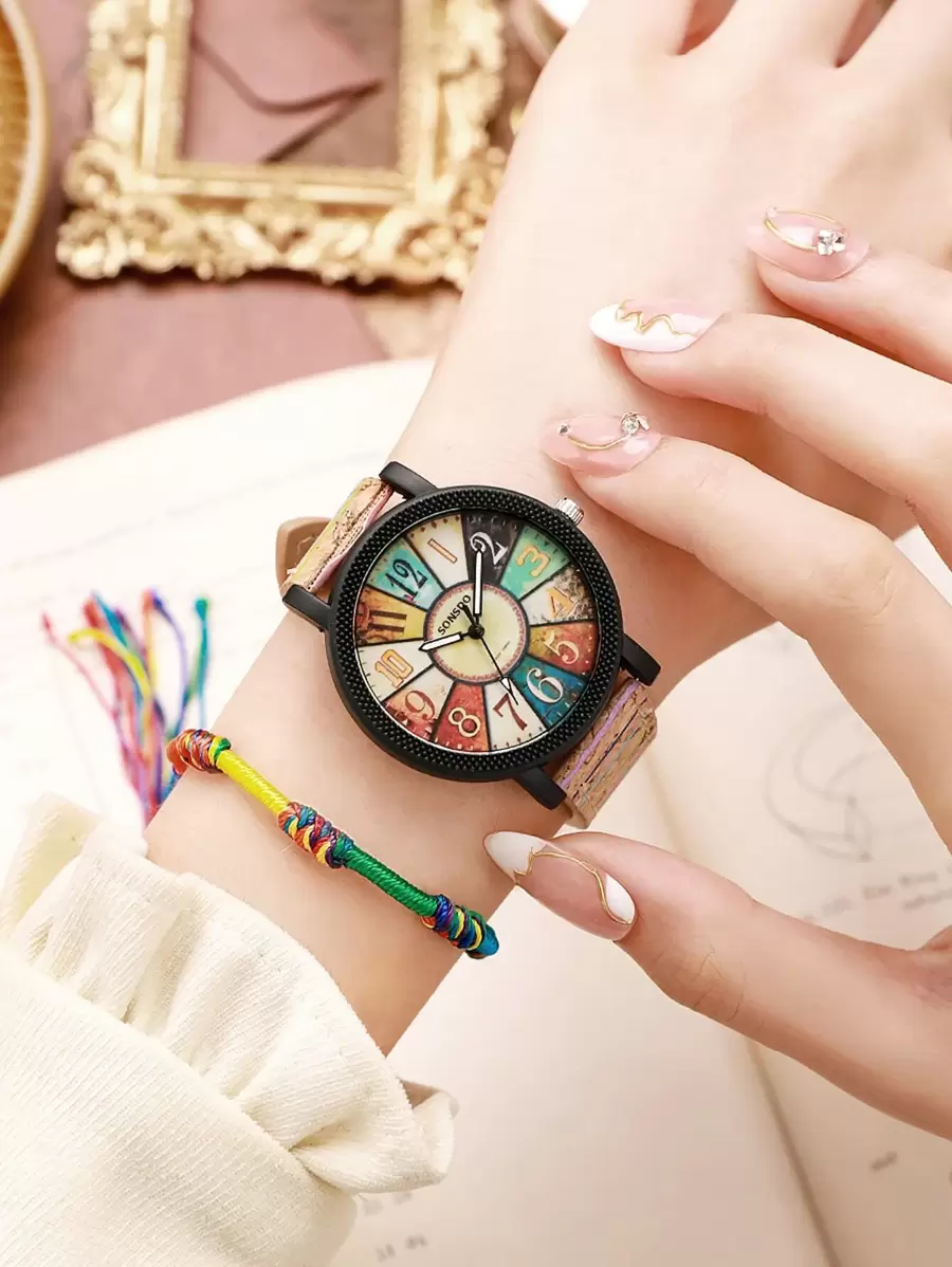 1 件圆形指针石英表和 1 件手链作为返校学生的礼物 - 黑色 - 查看 1